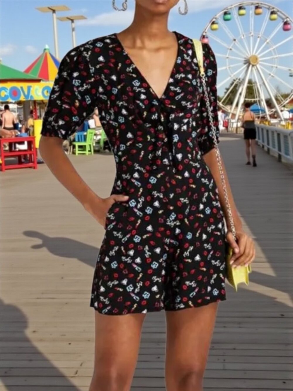 Maje Printed Jacquard Tie Romper Playsuit 38 M Black Novelty Design Short Sleeve
